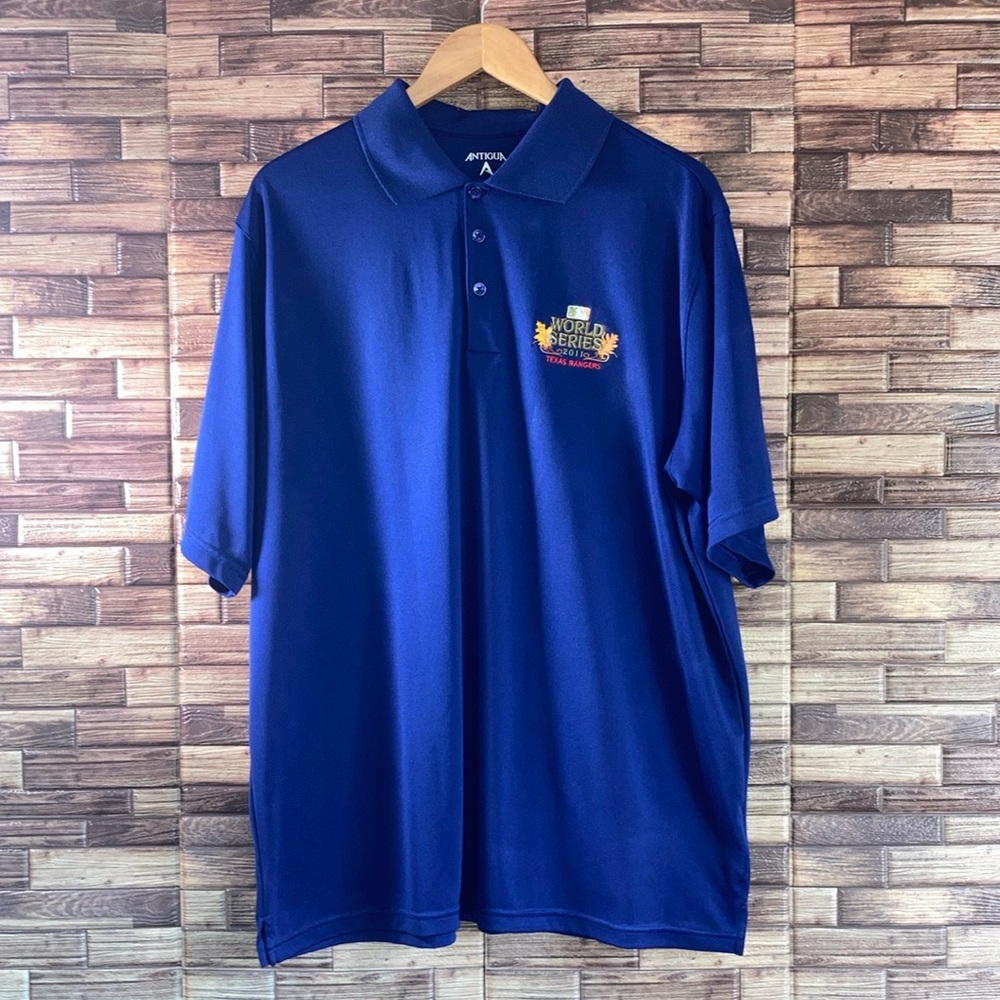 Mens XL Antigua Blue Texas Ranger Polo 2011 World Series EUC